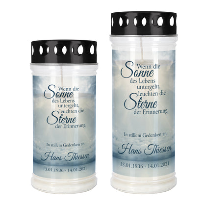 Grablicht "Sonne des Lebens" mit Name und Datum