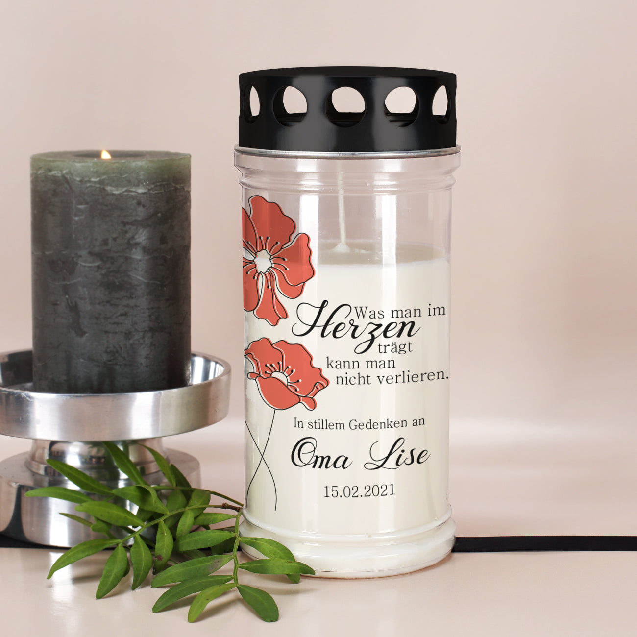 Grablicht mit Mohnblumen in zwei Größen mit Name und Datum