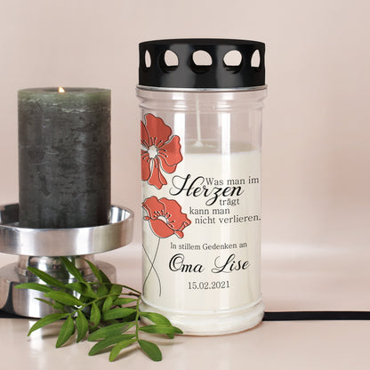 Grablicht mit Mohnblumen in zwei Größen mit Name und Datum