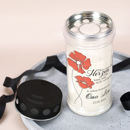 Grablicht mit Mohnblumen in zwei Größen mit Name und Datum