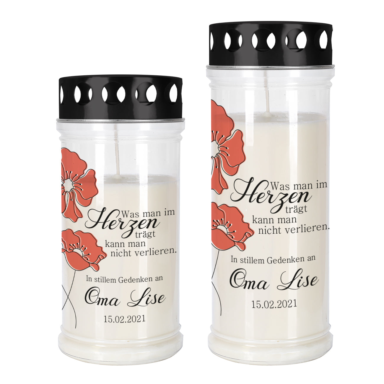 Grablicht mit Mohnblumen in zwei Größen mit Name und Datum