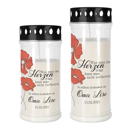 Grablicht mit Mohnblumen in zwei Größen mit Name und Datum