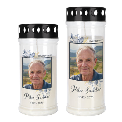 Grablicht mit Foto, Name und Datum in zwei Größen