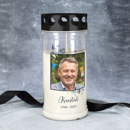 Grablicht mit Foto, Name und Datum in zwei Größen