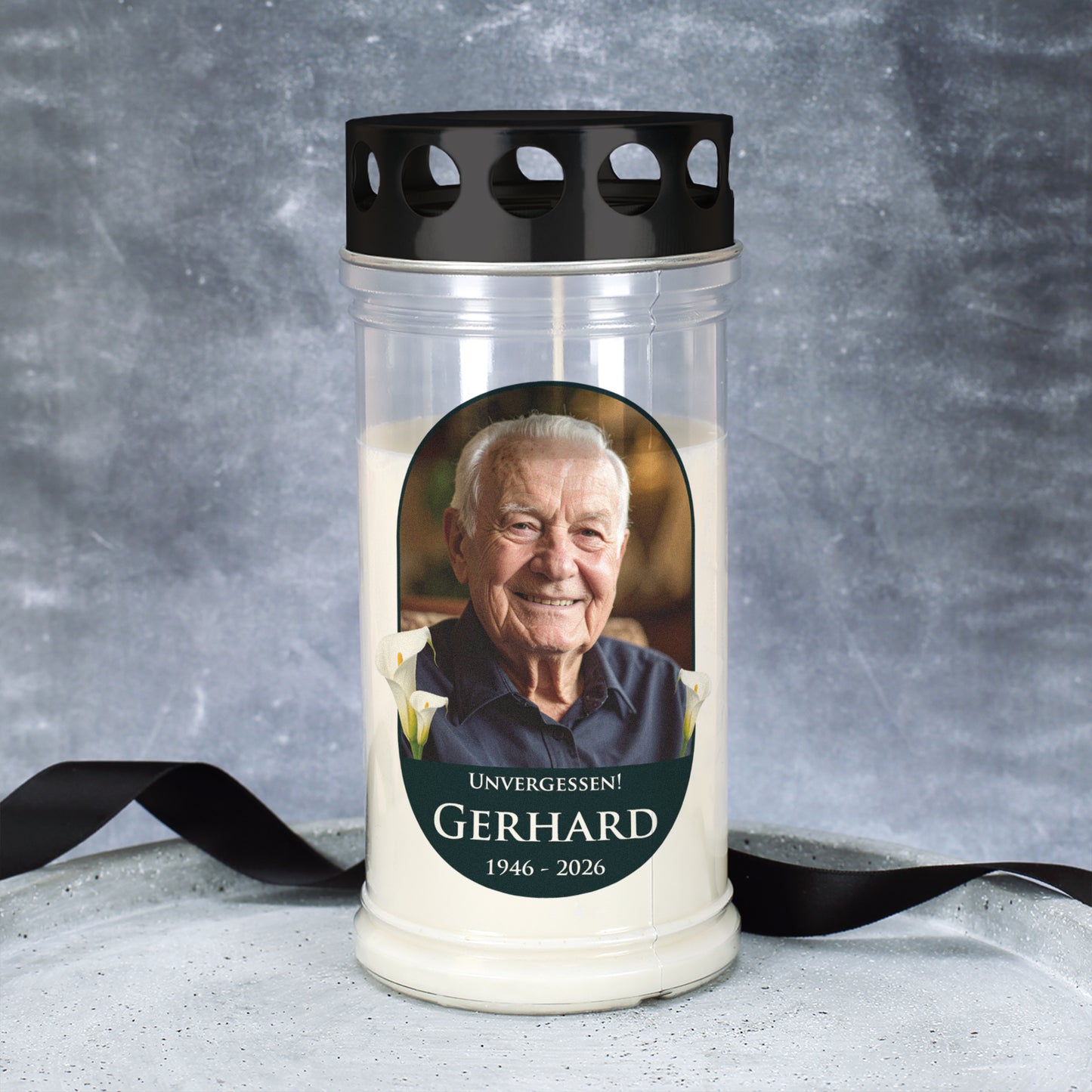 Personalisiertes Grablicht mit Foto in zwei Größen