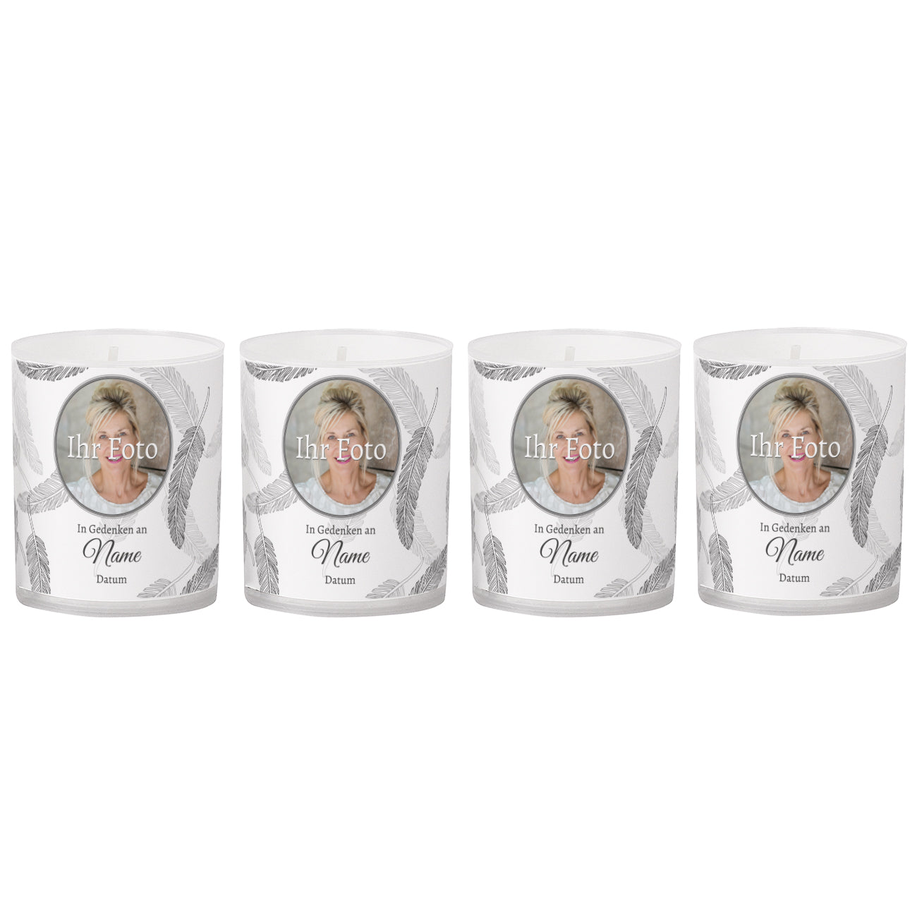 Gedenk-Teelichter im Set mit Foto, Name und Datum - Federn