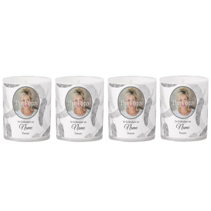 Gedenk-Teelichter im Set mit Foto, Name und Datum - Federn