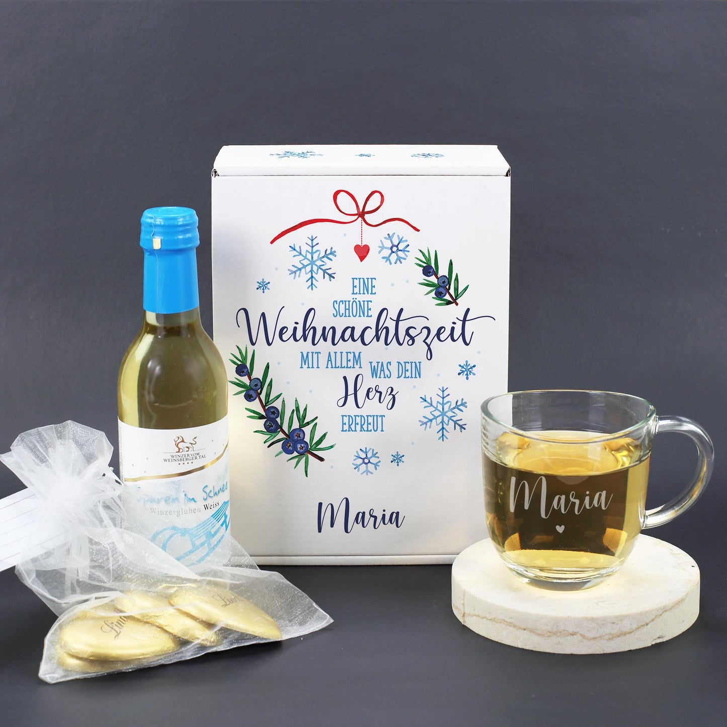 Glühwein Geschenkset zu Weihnachten mit Glas und Schokolade