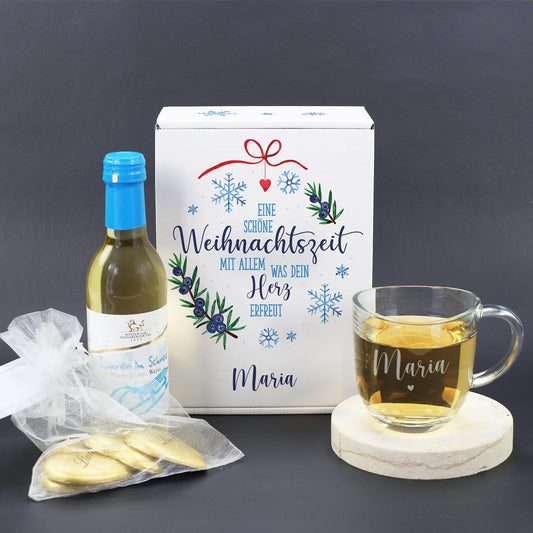 Glühwein Geschenkset zu Weihnachten mit Glas und Schokolade