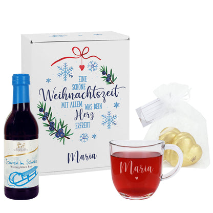 Glühwein Geschenkset zu Weihnachten mit Glas und Schokolade