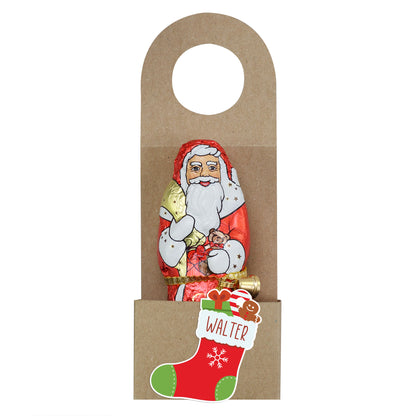 Flaschenanhänger "Stiefel" mit Wunschname und Stollen oder Schokoweihnachtsmann
