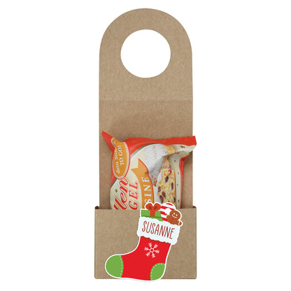 Flaschenanhänger "Stiefel" mit Wunschname und Stollen oder Schokoweihnachtsmann