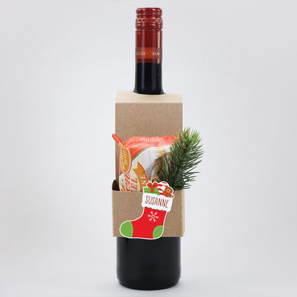 Flaschenanhänger "Stiefel" mit Wunschname und Stollen oder Schokoweihnachtsmann