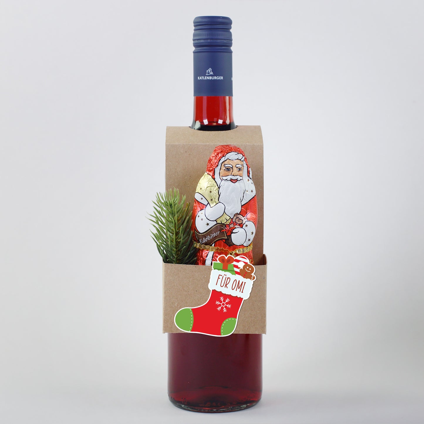 Flaschenanhänger "Stiefel" mit Wunschname und Stollen oder Schokoweihnachtsmann