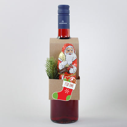 Flaschenanhänger "Stiefel" mit Wunschname und Stollen oder Schokoweihnachtsmann
