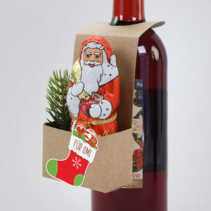 Flaschenanhänger "Stiefel" mit Wunschname und Stollen oder Schokoweihnachtsmann