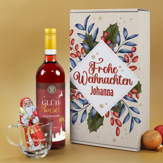 Alkoholfreies Geschenkset mit Glühpunsch, Glas und Schokoweihnachtsmann