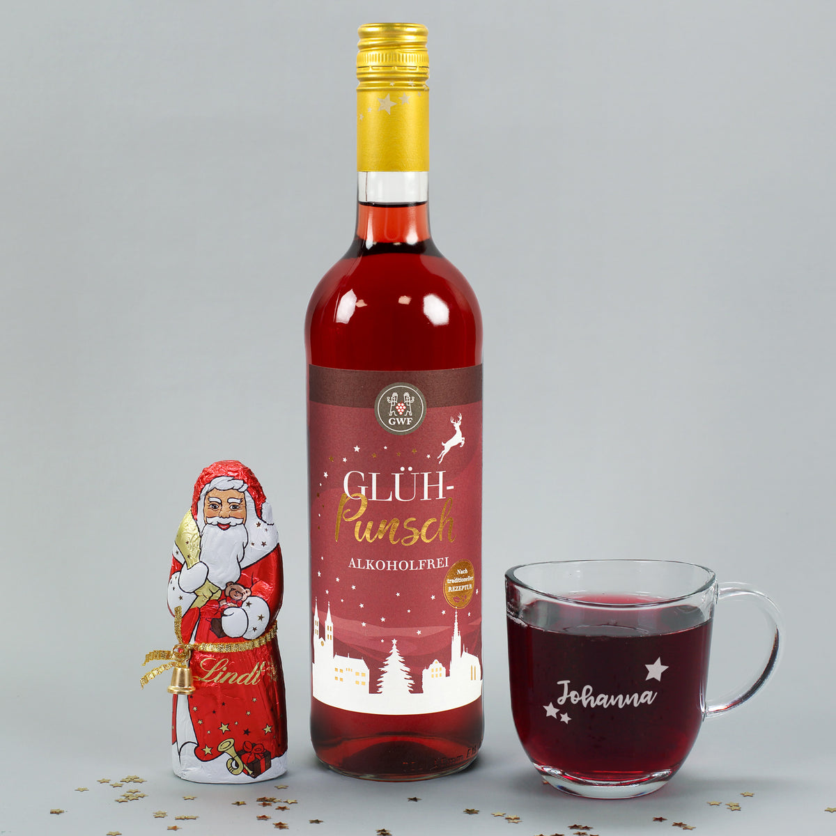 Alkoholfreies Geschenkset mit Glühpunsch, Glas und Schokoweihnachtsmann