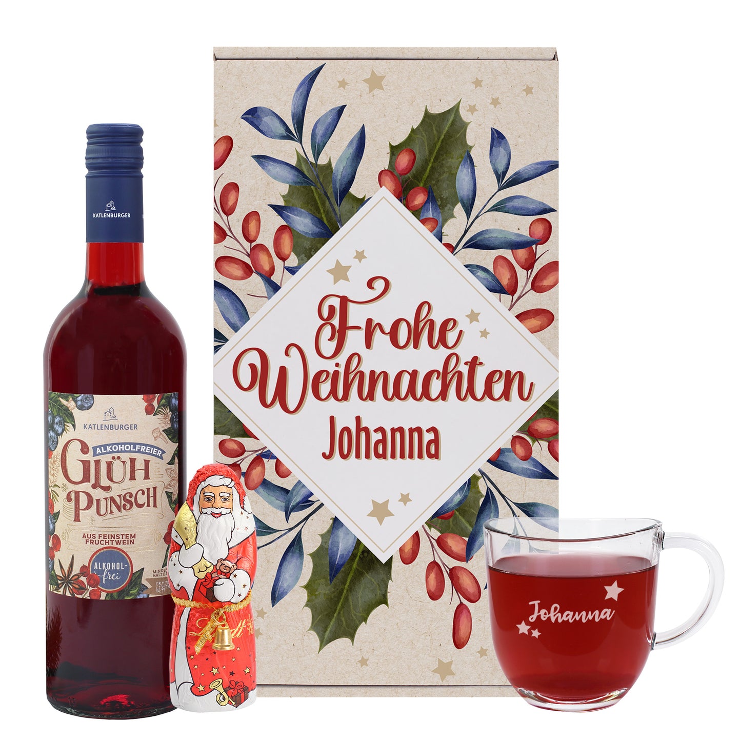 Alkoholfreies Geschenkset mit Glühpunsch, Glas und Schokoweihnachtsmann