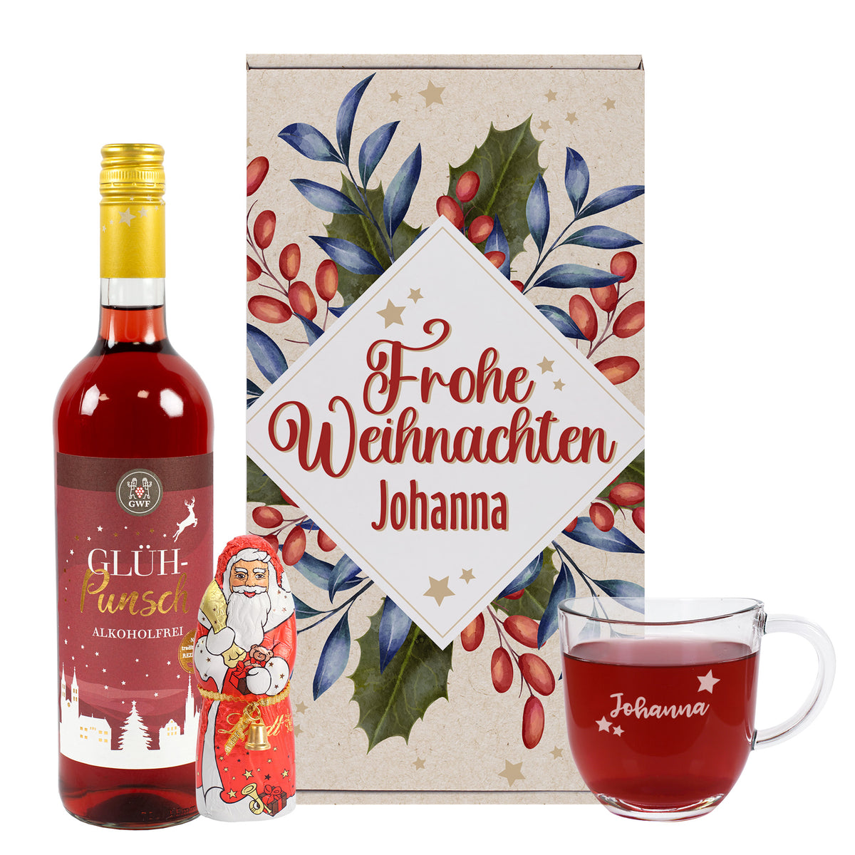 Alkoholfreies Geschenkset mit Glühpunsch, Glas und Schokoweihnachtsmann