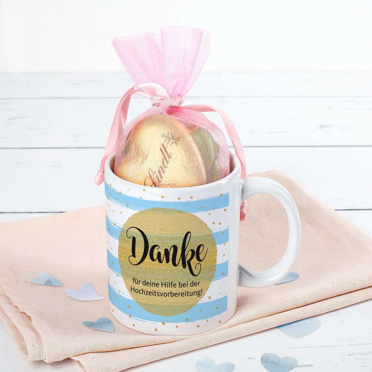Tasse als "Dankeschön" - als Variante mit Lindt Herzen gefüllt