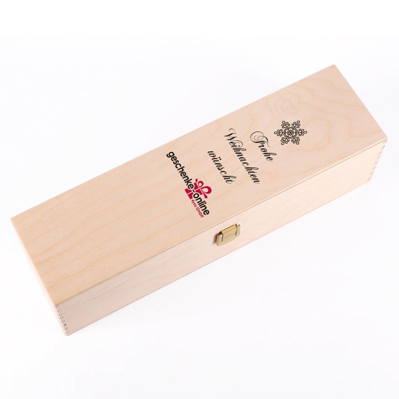 Geschenkbox aus Holz bedruckt mit Firmenlogo und Frohe Weihnachten