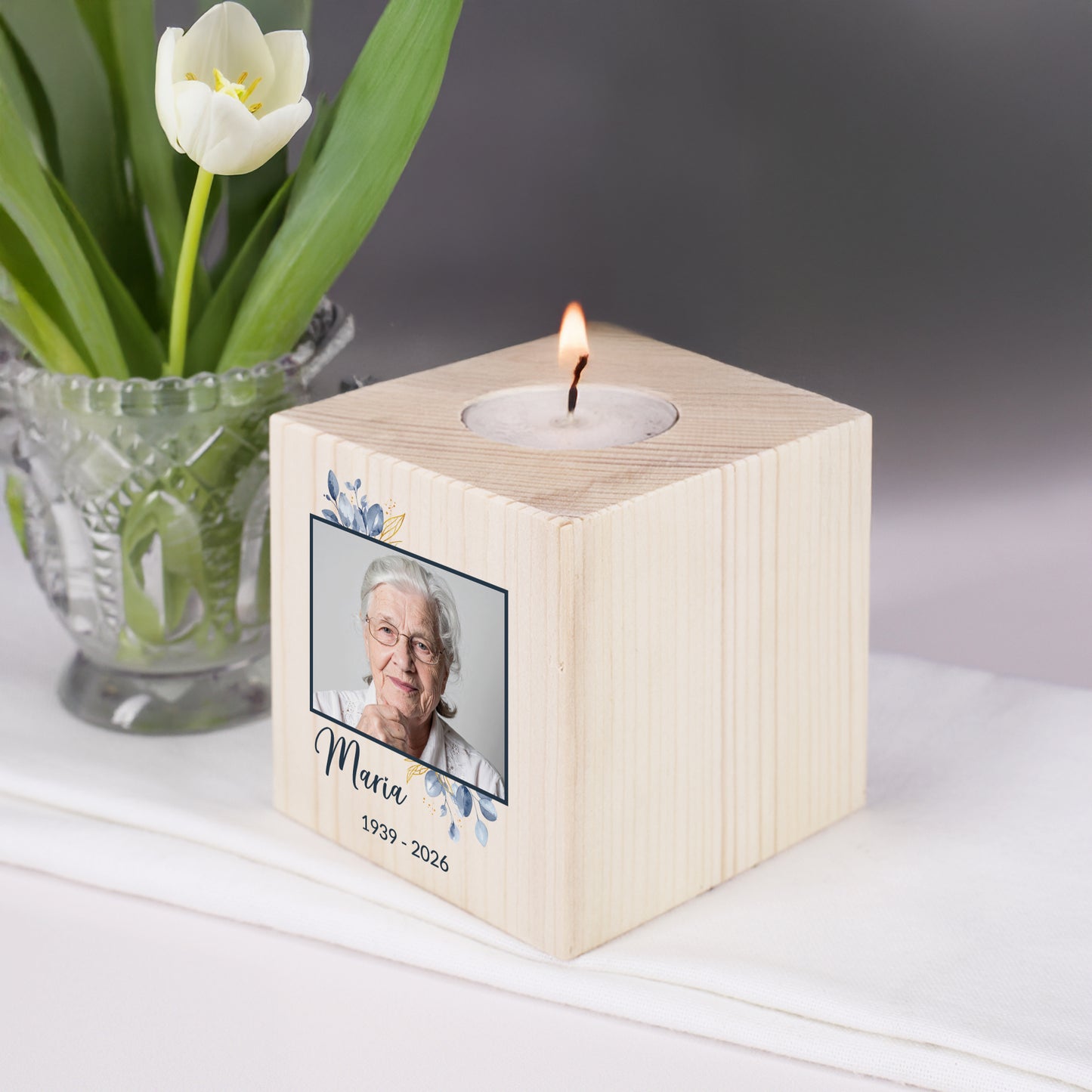 Trauer Teelichthalter aus Holz mit Foto