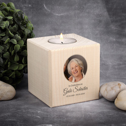 Gedenk-Teelicht aus Holz mit Foto bedruckt