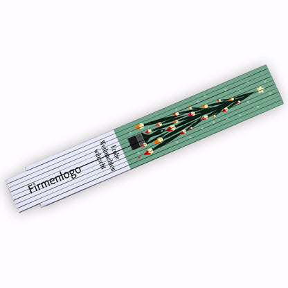 Zollstock mit einem Weihnachtsbaum aus Pinseln und Firmenlogo