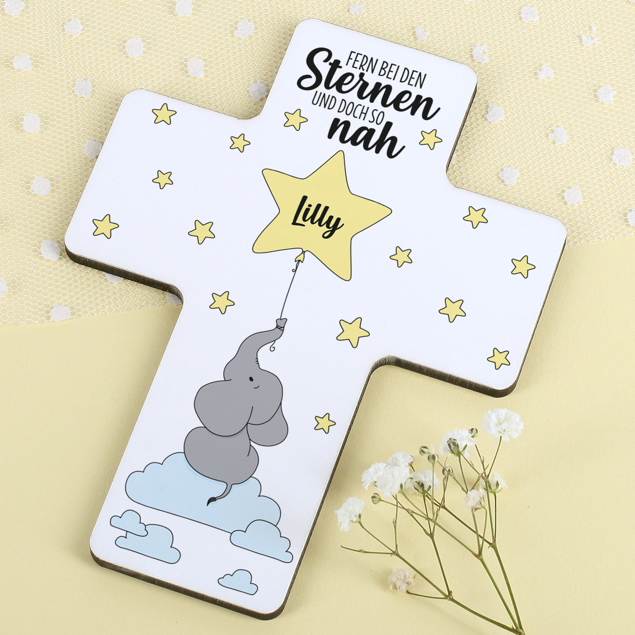 Gedenkkreuz "Fern bei den Sternen" mit Name des Kindes