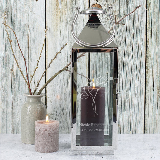 Große Metall-Laterne mit Calla Blume und Gravur des Namens