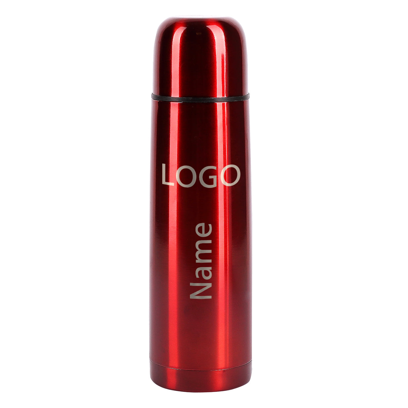 rote Thermosflasche mit Name und Firmenlogo