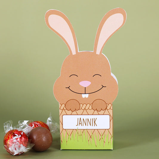 Gefüllte Faltschachtel Osterhase mit Wunschname und Lindorkugeln