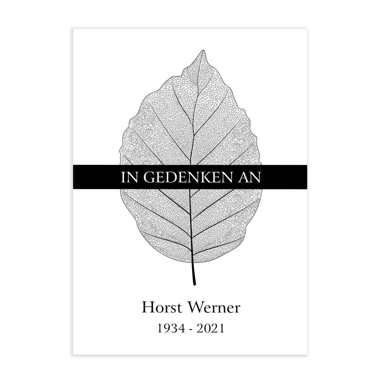 Trauerkarte "In Gedenken an" mit Name und Lebensdaten auf weißem Hintergrund