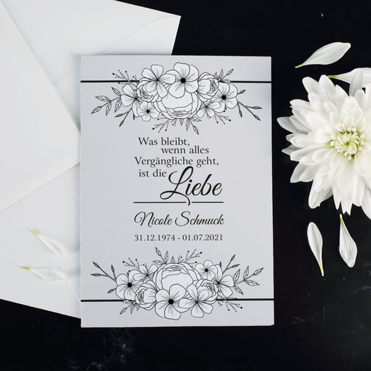 Trauerkarte "Was bleibt, wenn alles Vergängliche geht, ist die Liebe" mit Name und Lebensdaten