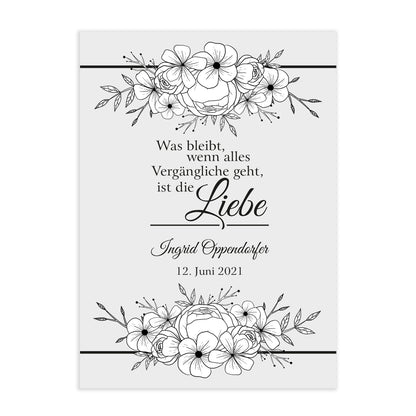Trauerkarte "Was bleibt, wenn alles Vergängliche geht, ist die Liebe" mit Name und Lebensdaten auf Weiß