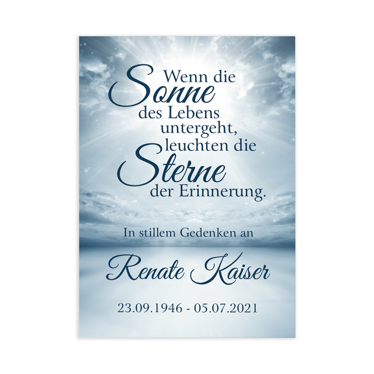 Trauerkarte "Wenn die Sonne des Lebens untergeht" Vorderseite Beispiel auf Weiß