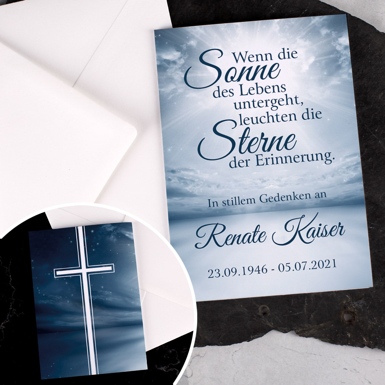 Trauerkarte "Wenn die Sonne des Lebens untergeht" Vorder- und Rückseite
