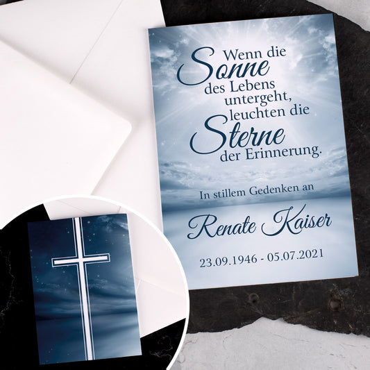 Trauerkarte "Wenn die Sonne des Lebens untergeht" Vorder- und Rückseite