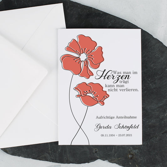 Trauerkarte mit Mohnblumen Motiv und persönlichen Daten Beispiel
