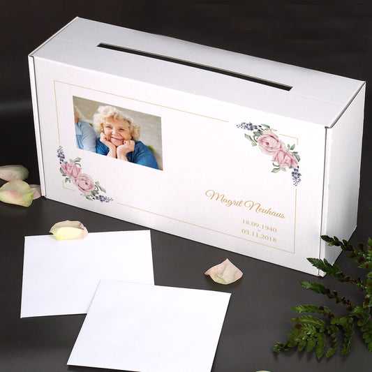 Sammelbox für Trauerkarten mit Foto des Verstorbenen