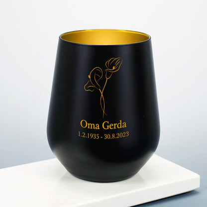 Gedenk Teelicht mit Calla Blumen und Gravur des Namens
