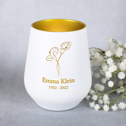 Weißes Trauer-Windlicht mit Calla Blume und Name