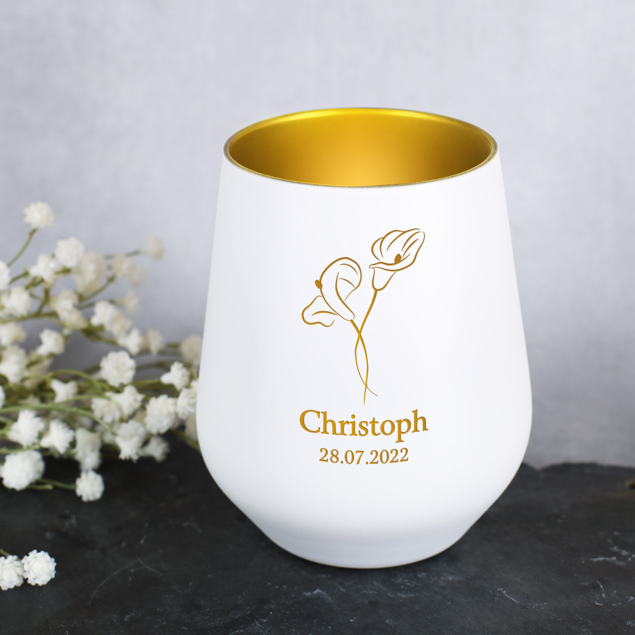 Weißes Trauer-Windlicht mit Calla Blume und Name