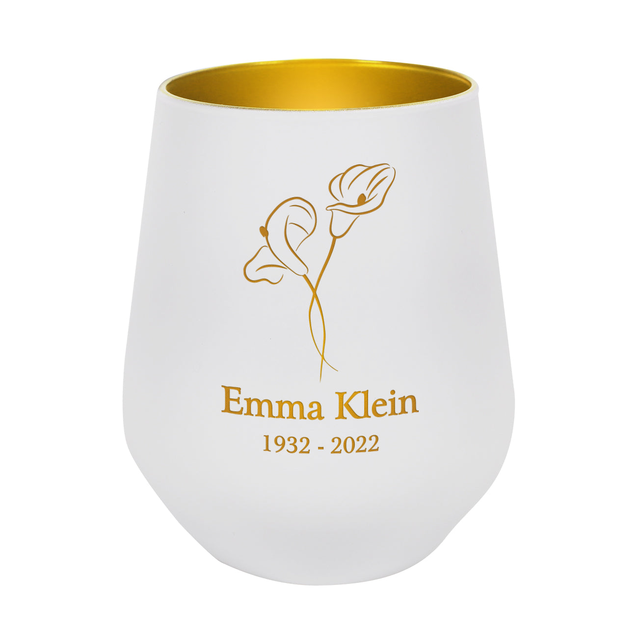 Weißes Trauer-Windlicht mit Calla Blume und Name