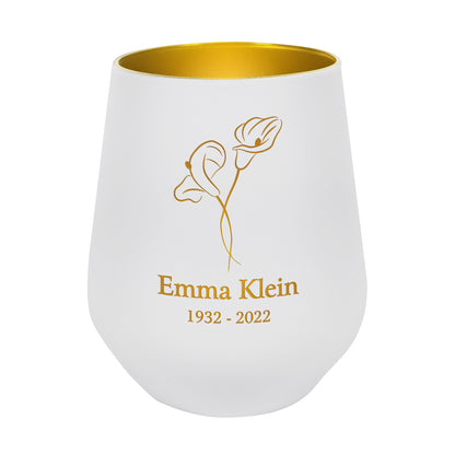 Weißes Trauer-Windlicht mit Calla Blume und Name