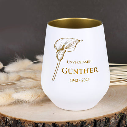 Gedenk-Windlicht mit Name und Datum | Calla Motiv | in  zwei Farben