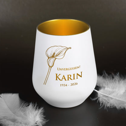 Gedenk-Windlicht mit Name und Datum | Calla Motiv | in  zwei Farben