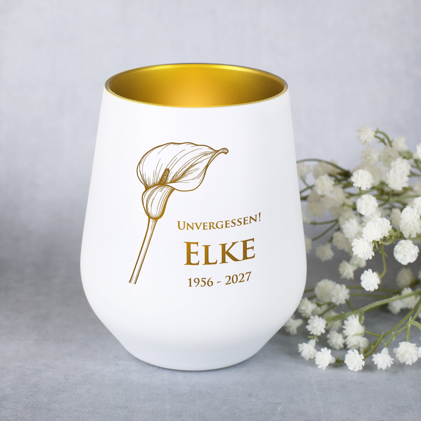 Gedenk-Windlicht mit Name und Datum | Calla Motiv | in  zwei Farben