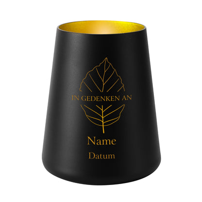 Trauerlicht mit Blatt-Motiv mit Name und Datum